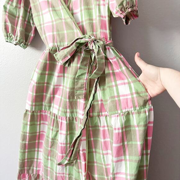 SZ Blockprints Emily Green/Pink Plaid Maxi Wrap Dress women’s size medium - Picture 3 of 11
